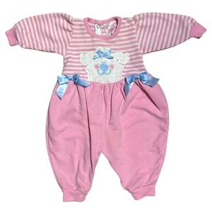 Vintage Buster Brown Romper Pink Striped with Bear Appliqué & Blue Bows 3-6M